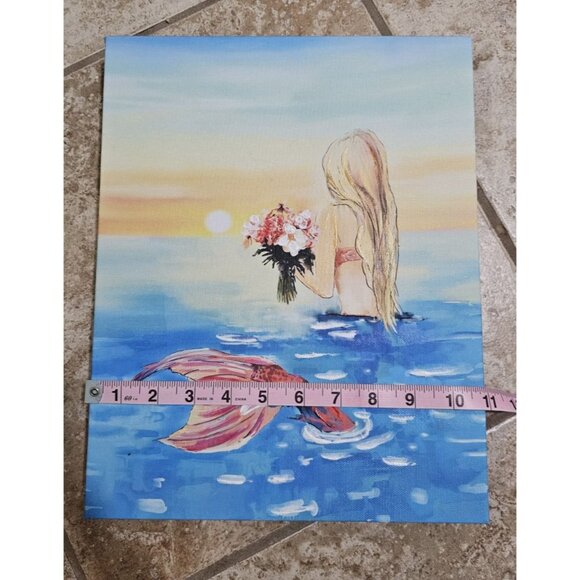 Mermaid Holding Flowers Looking at Sunrise Canvas Wall Art 12x15 Beach Decor - Picture 3 of 4
